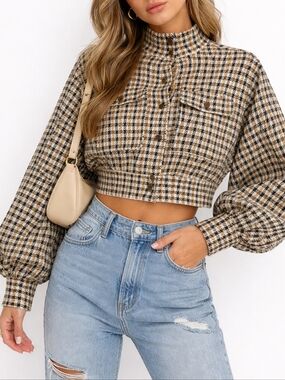 Marled Womens Cropped Houndstooth Knit Bomber Jacket Drop Shoulder Cream Size S